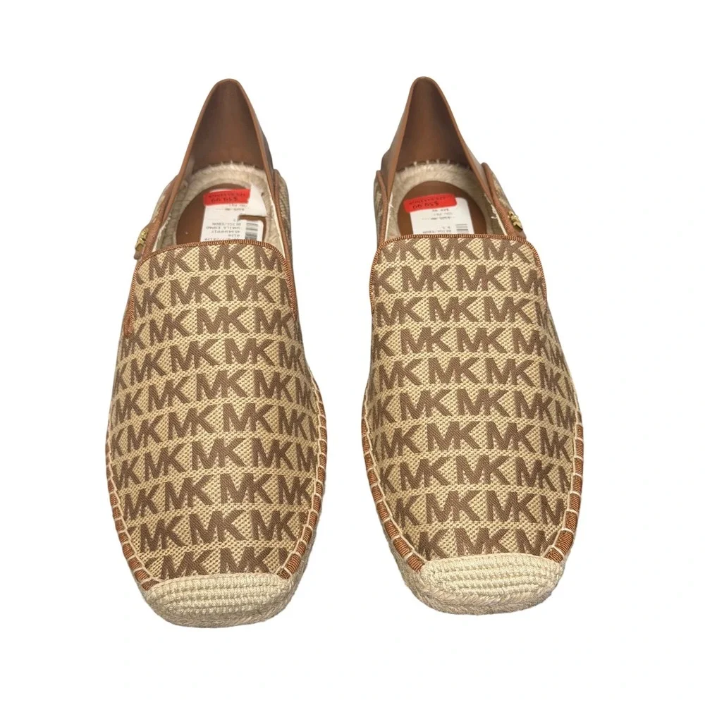 Michael Kors Shaila Espadrille Women 9.5 Brown Beige Monogram Logo Square Toe